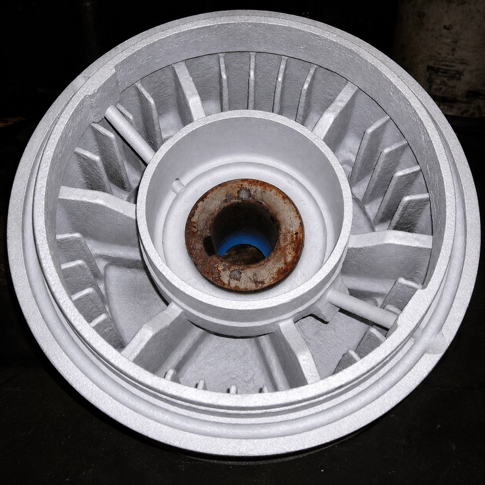 The same block interior after grit blasting and aluminizing, back to clean coated metal